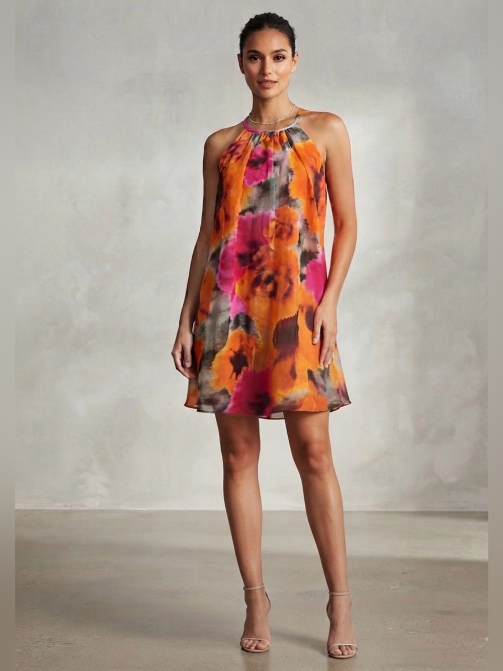 Maggy London Orange & Pink Floral Halter Midi Dress